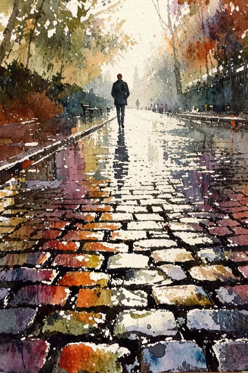 A watercolor painting shows a person walking away down a wet cobblestone path lined with colorful autumn trees and soft reflections on the ground.