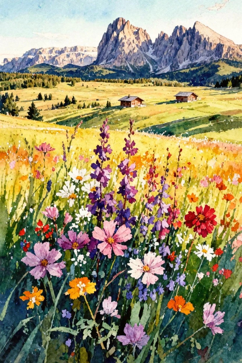 Watercolor alpine meadow blooming with colorful wildflowers, cabins, and rugged mountains beyond.