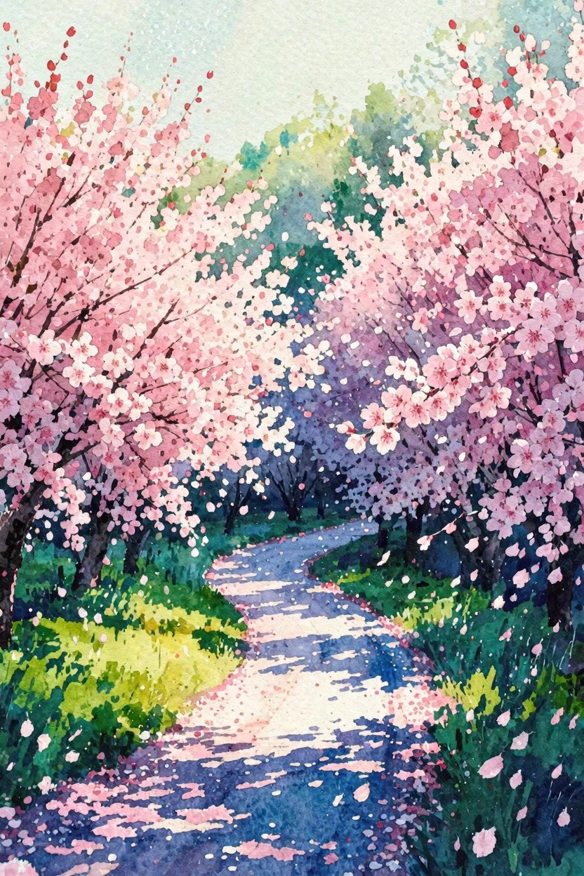 A watercolor painting of a winding path lined with pink cherry blossom trees and scattered petals on the ground.