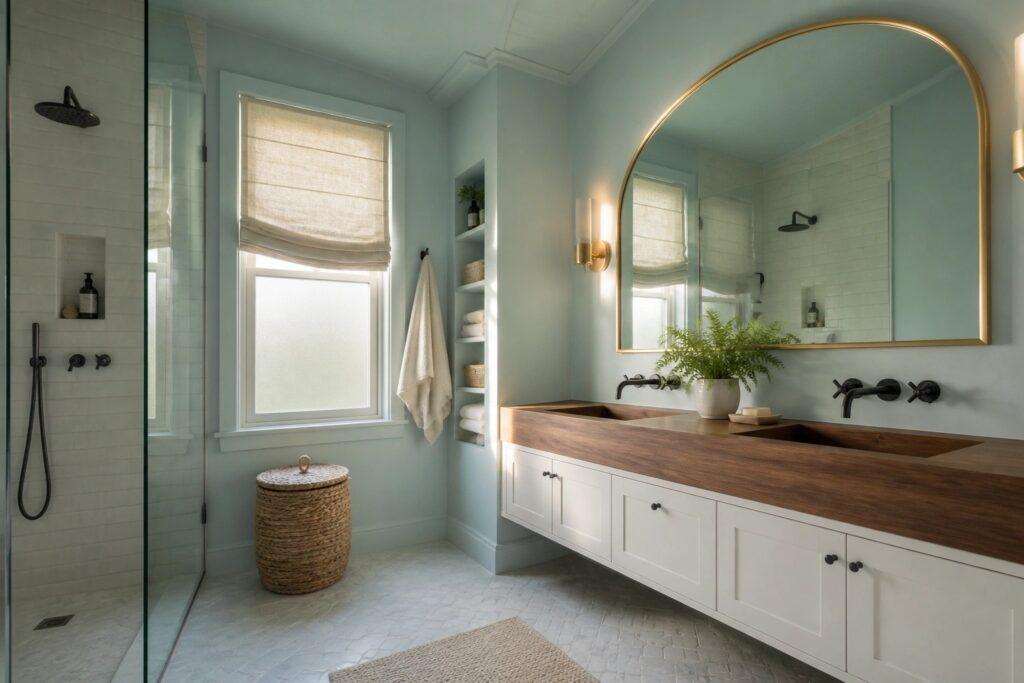 Bathroom walls painted in a soft teal color next to a white vanity and wood countertop.