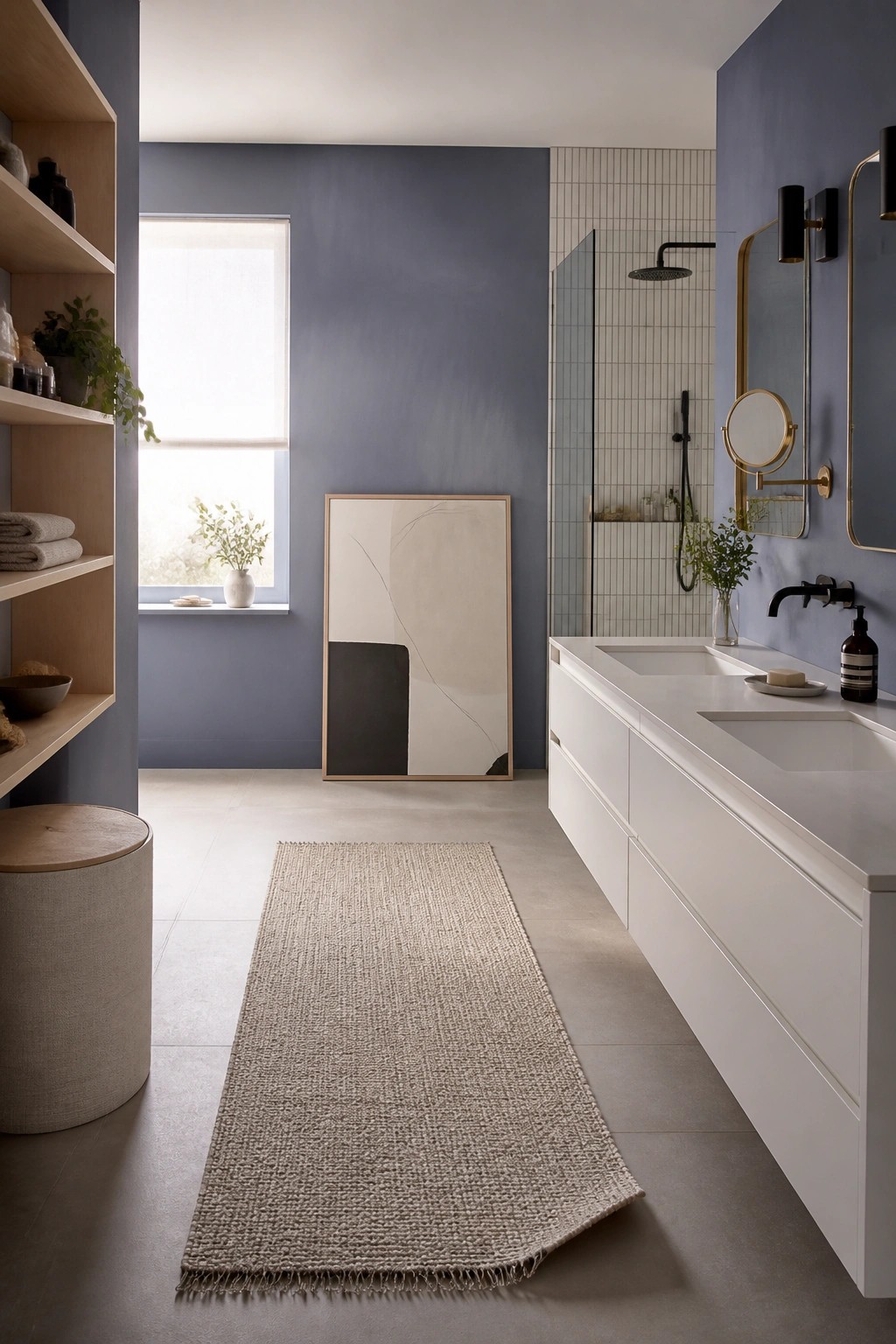 A bathroom featuring soft blue gray walls with a long white vanity.