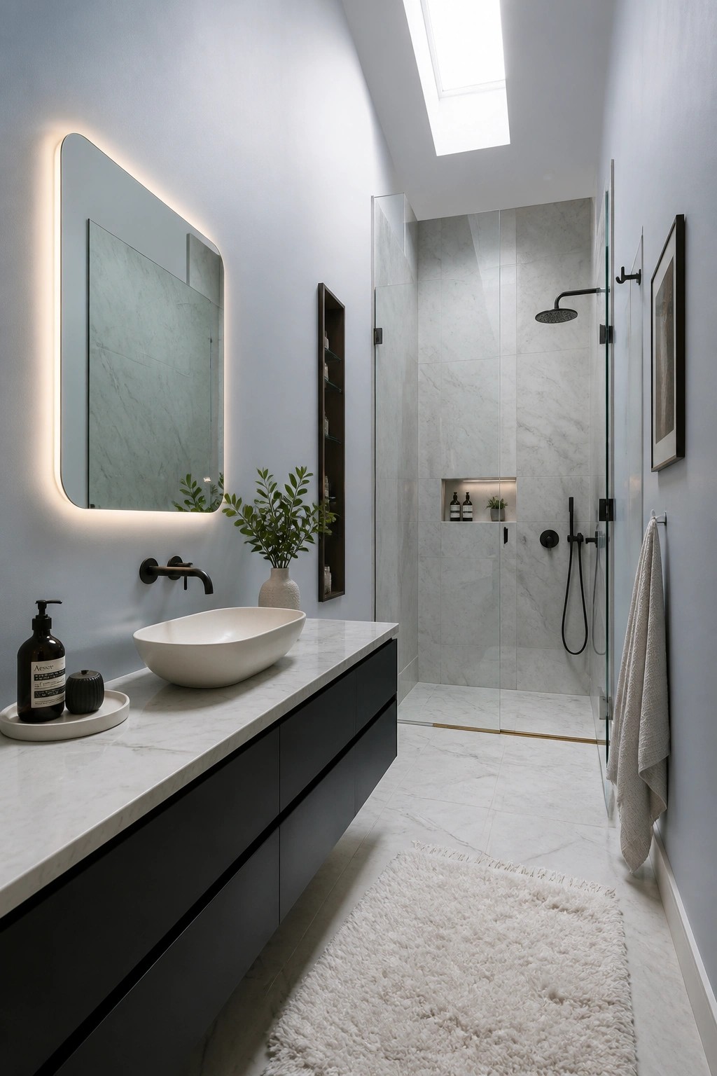 Light blue gray walls in a bathroom with a marble vanity and dark cabinets.