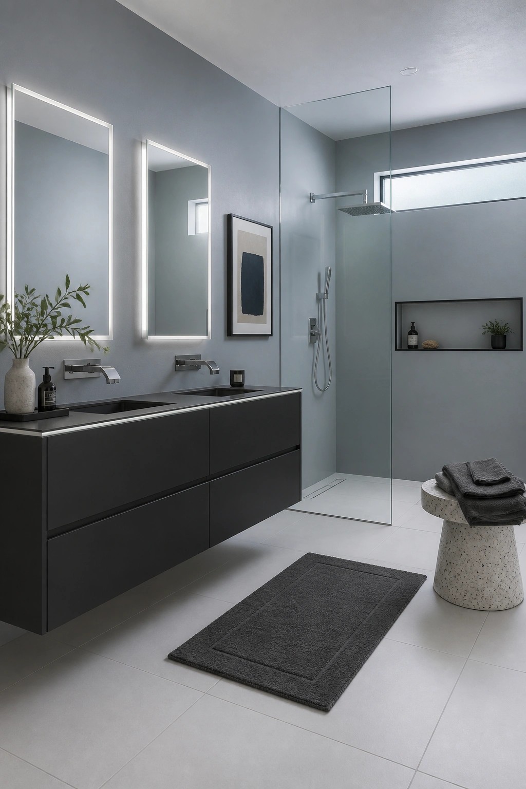 Bathroom walls painted a soft blue gray with a dark floating vanity below.