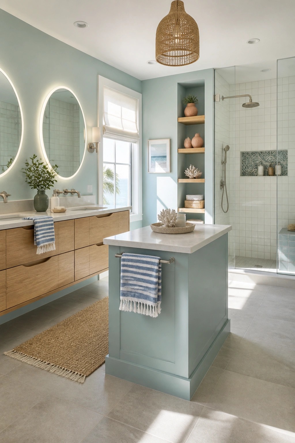 Coastal bathroom with light blue island, wooden vanity, round mirrors, and glass shower
