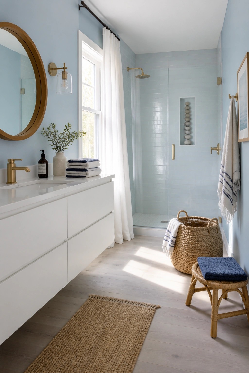 Light blue bathroom with white vanity, round mirror, tiled shower, and woven accents.