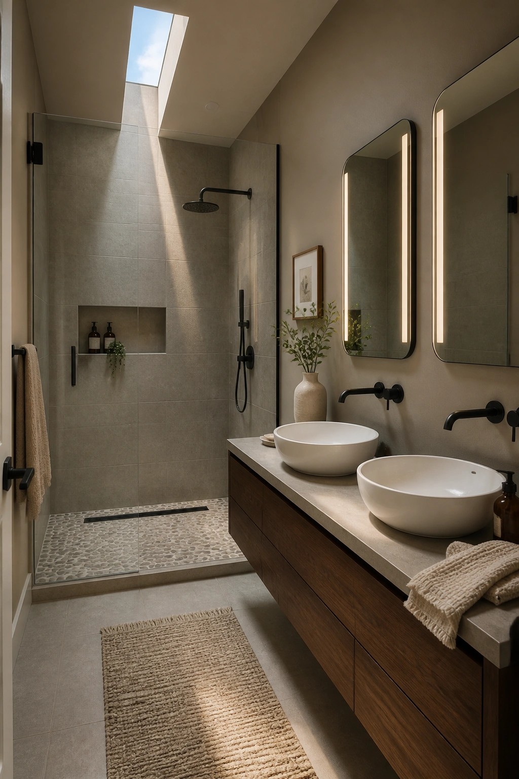 Bathroom walls painted in a soft warm greige.
