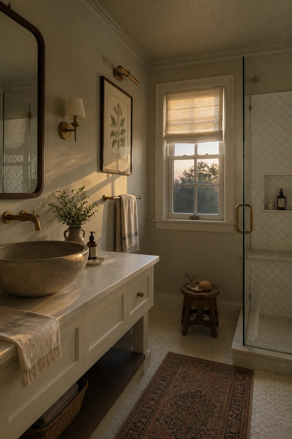 Bathroom walls painted in a soft greige with white trim and a stone vanity.