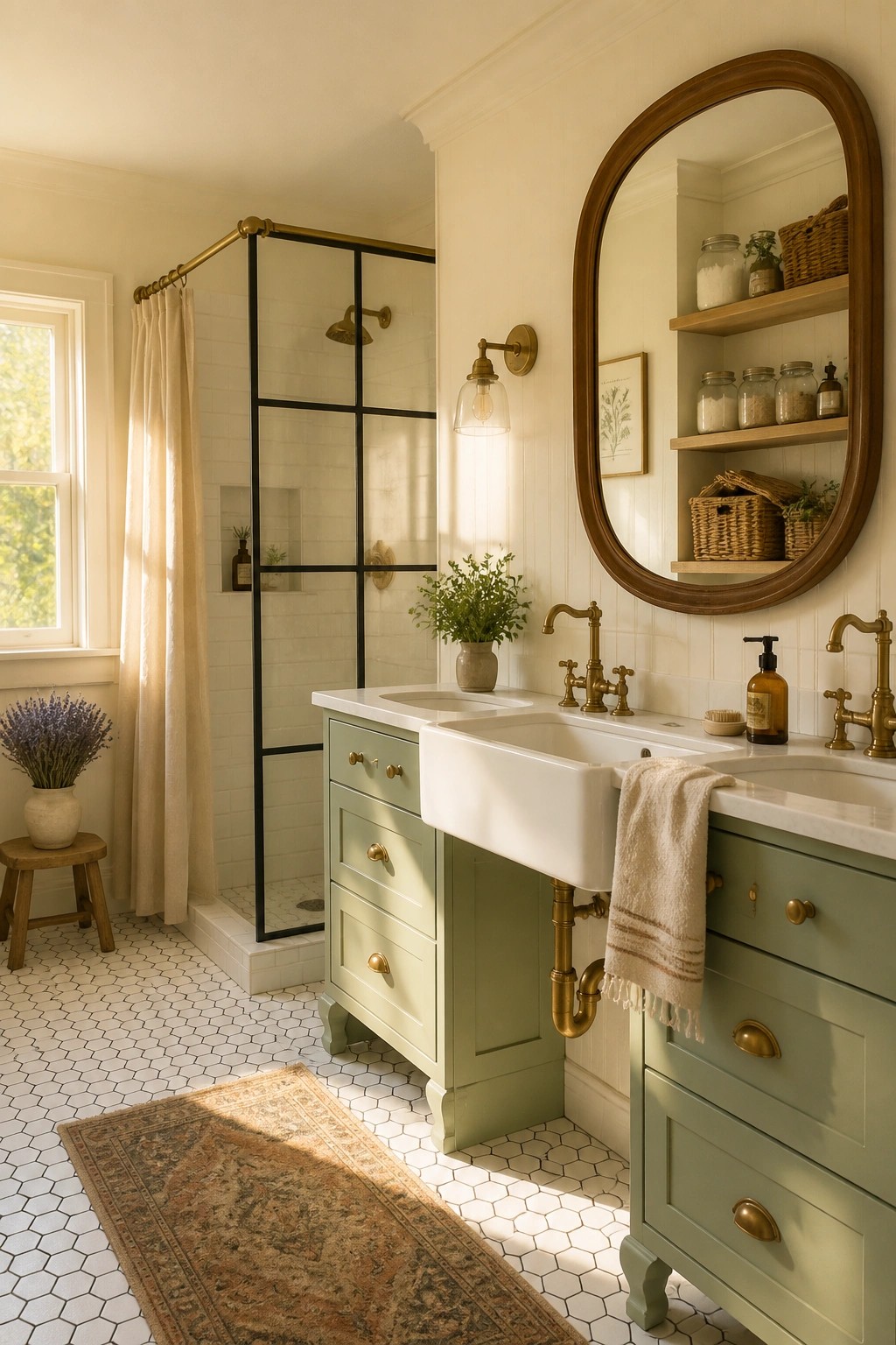 Bathroom vanity painted in a soft sage green with white sinks and brass fixtures.