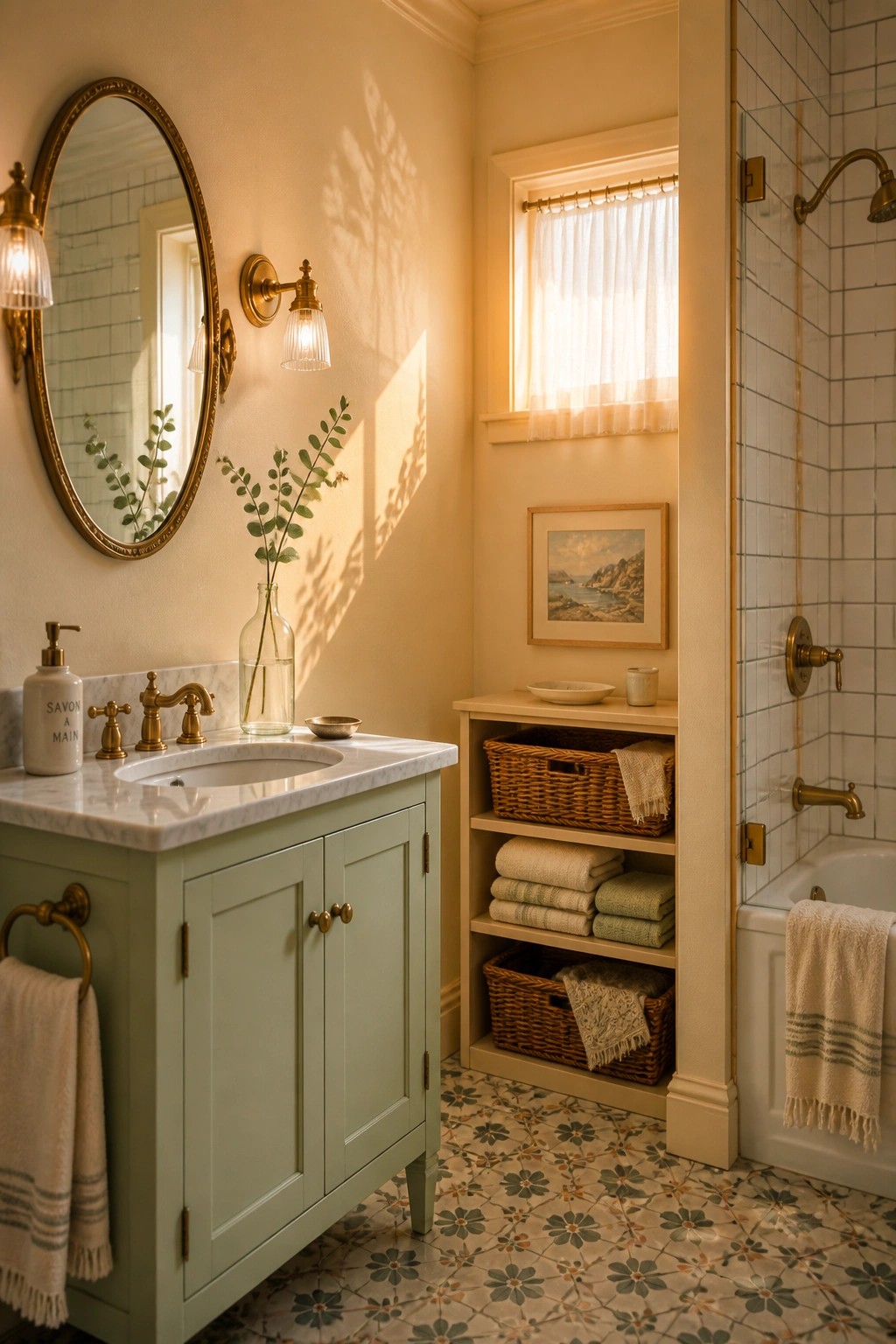 A bathroom vanity painted soft sage green sits below a marble top and brass fixtures.