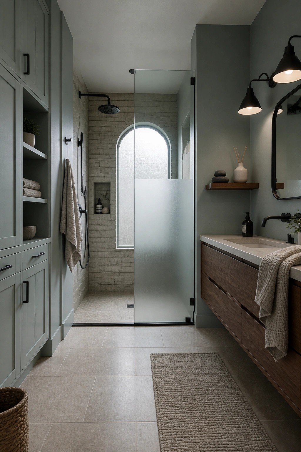 Modern bathroom with sage green cabinets, wooden vanity, glass shower, and arched window.