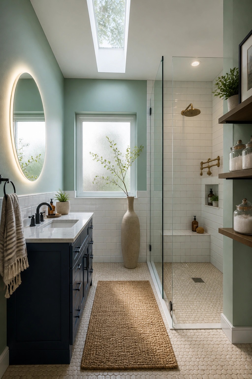 Soft sage green walls in a bathroom with white tile and a dark vanity.