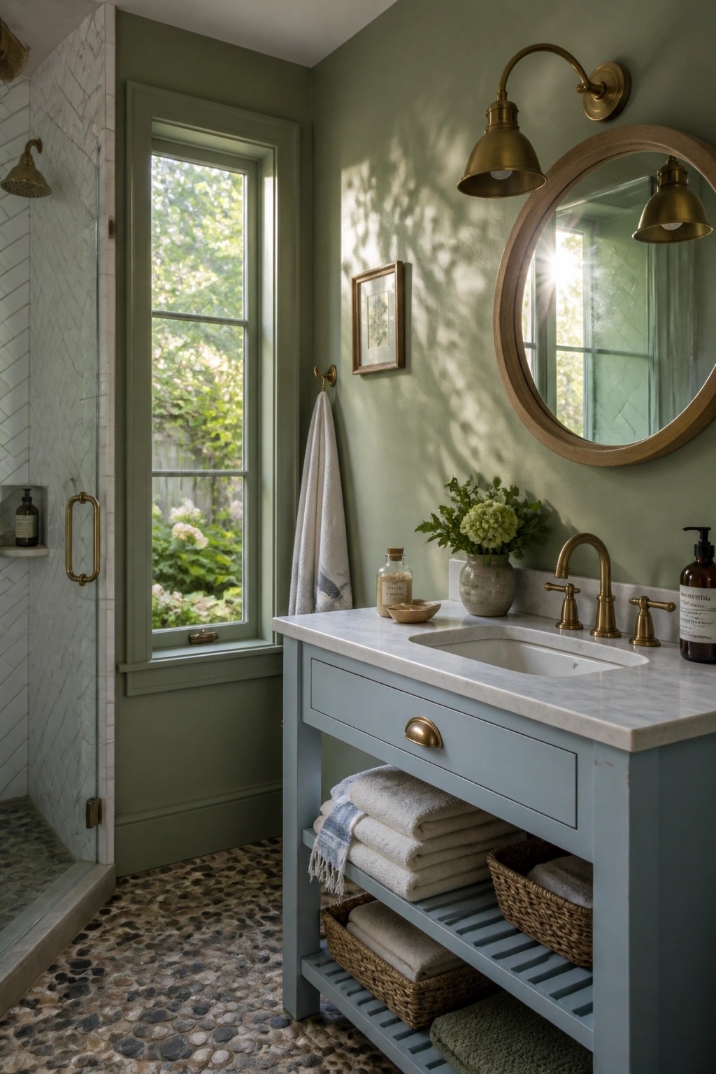 Bathroom walls painted in a soft sage green.