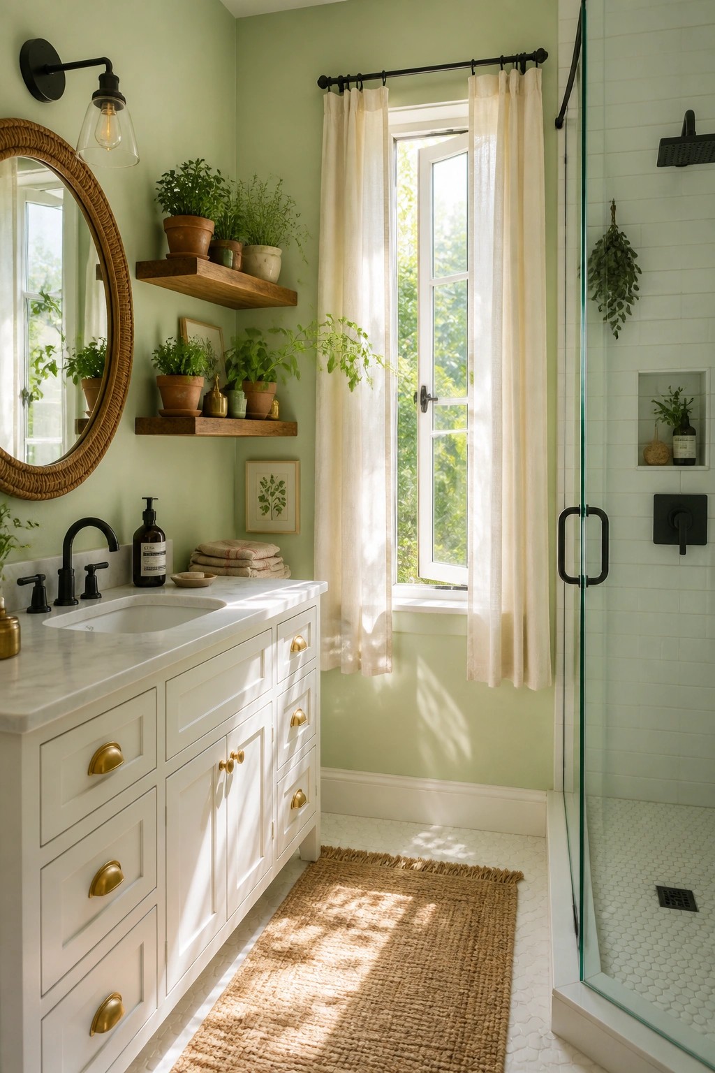 Bright bathroom with white vanity, green walls, plant shelves, and glass shower.