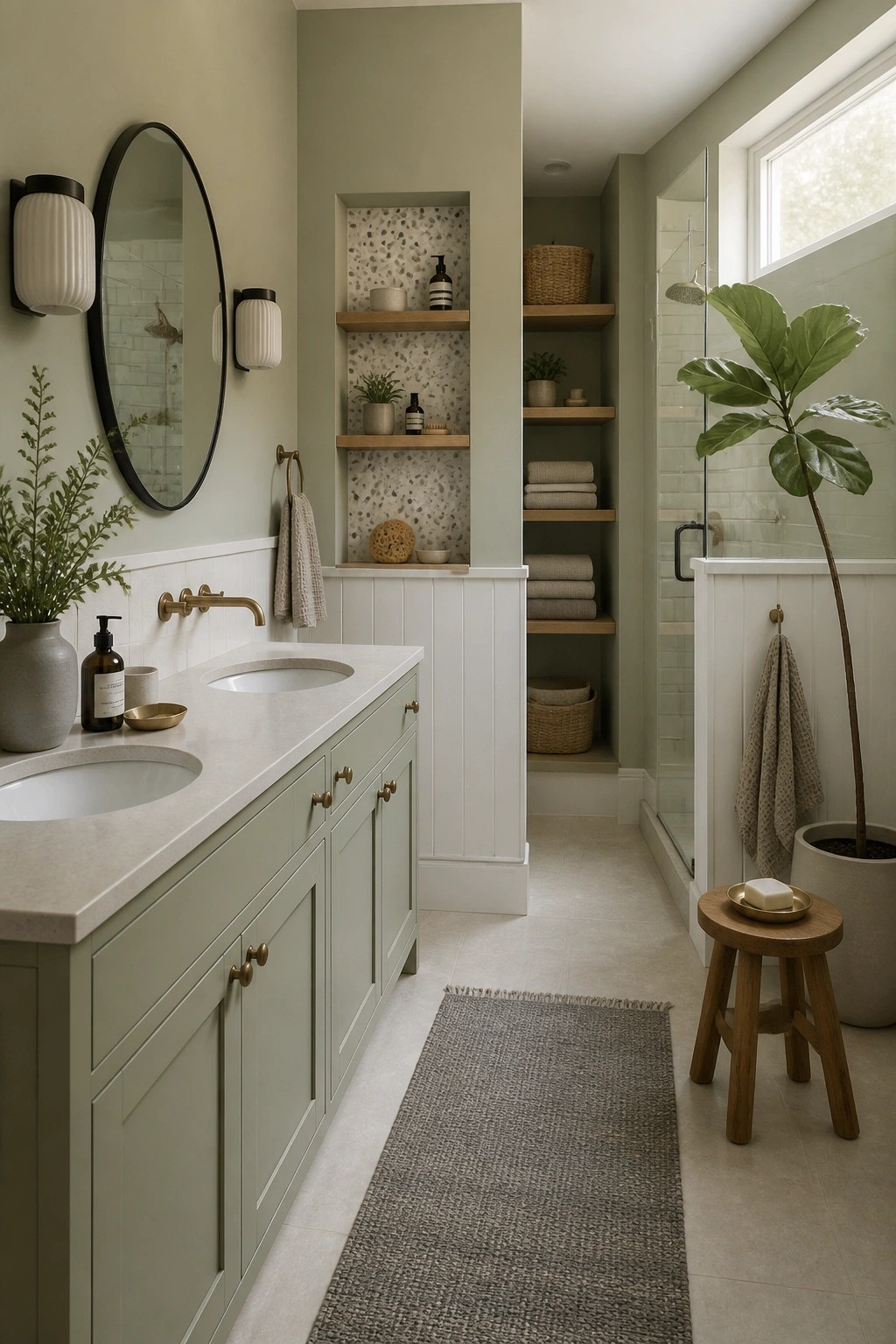 A bathroom with soft sage green walls and white wainscoting.