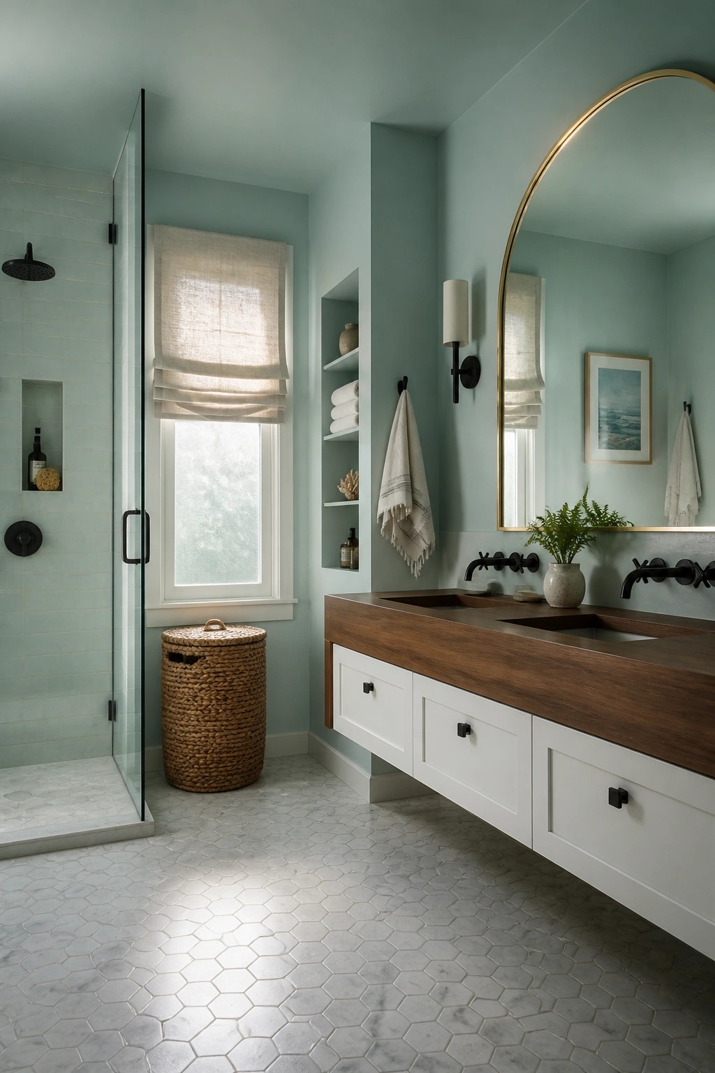 Bathroom walls painted in a soft teal color next to a white vanity and wood countertop.
