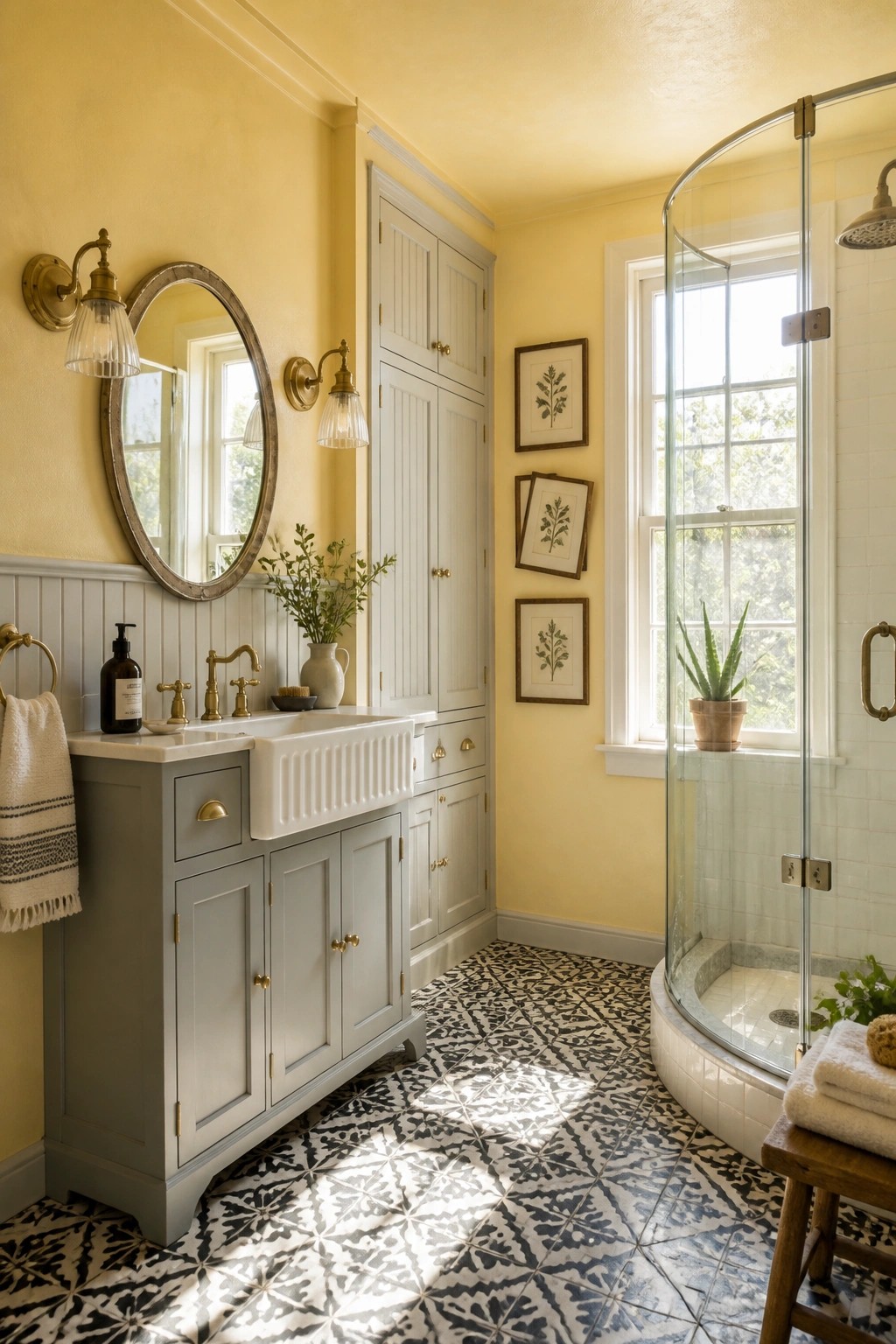 A bathroom with sunny yellow walls, white vanity, and patterned tile floor.