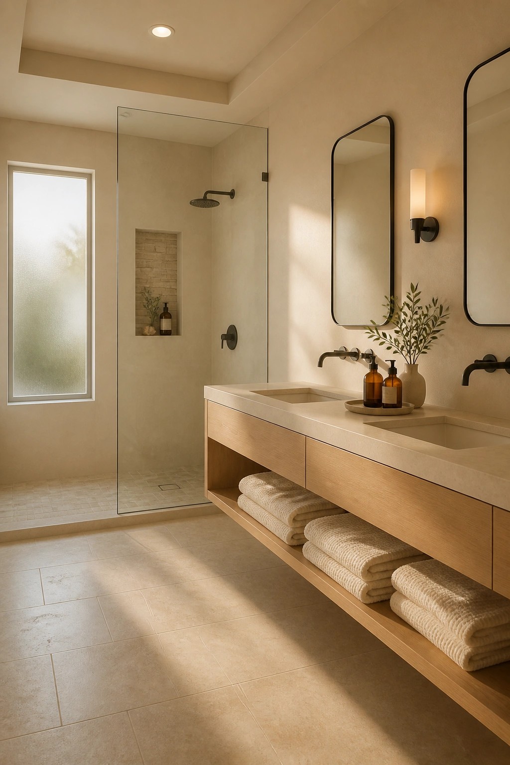 A bathroom with warm beige walls, a light wood vanity, and tiled floors.