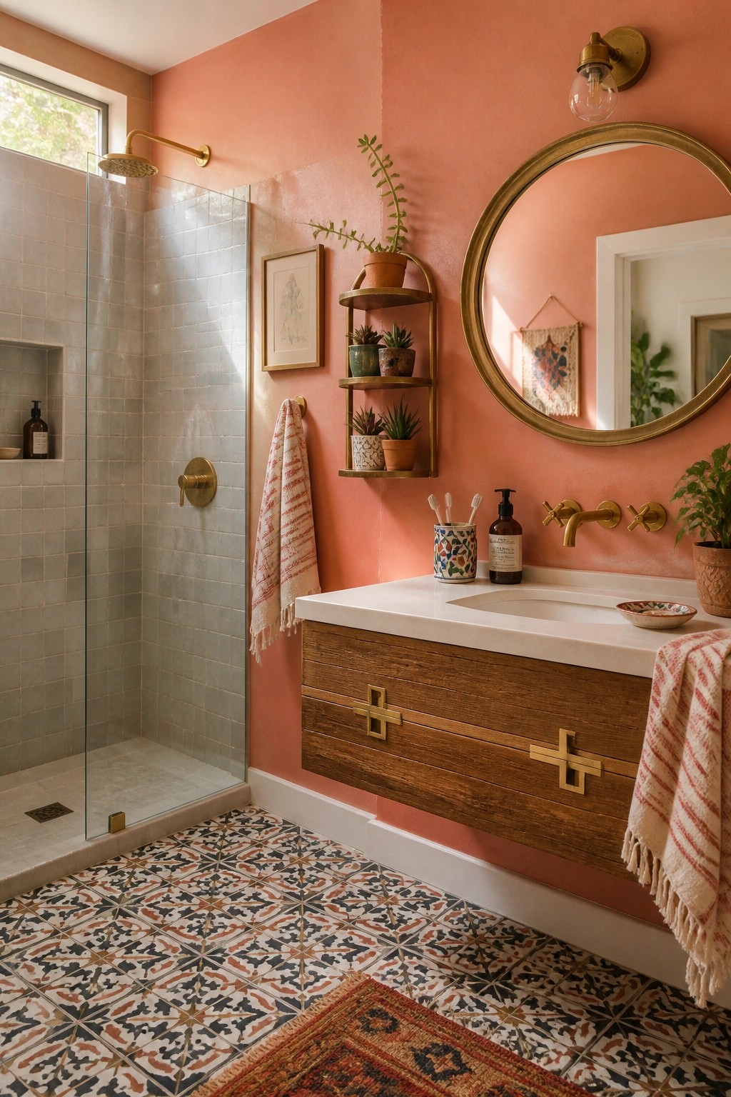 A bathroom with warm coral walls and a floating wood vanity.