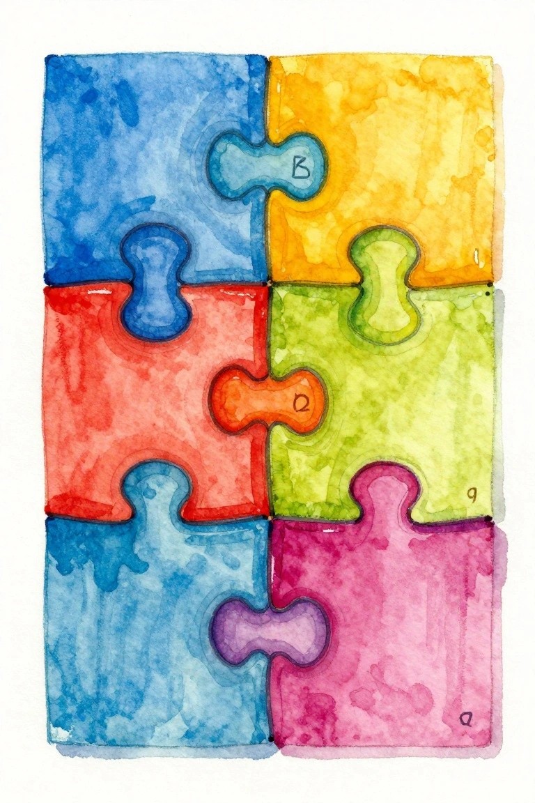 Colorful watercolor jigsaw puzzle pieces interlocked in blue, yellow, red, green, and pink.