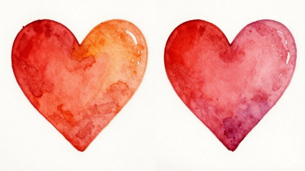 18 Fun Couple Canvas Painting Ideas for an Easy Date Night Craft Watercolor heart half red and half orange painted across two white pages.