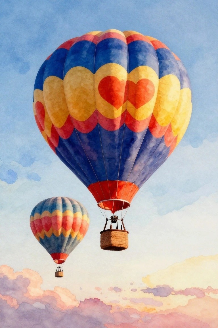 Two heart-patterned hot air balloons floating in a soft watercolor sky.