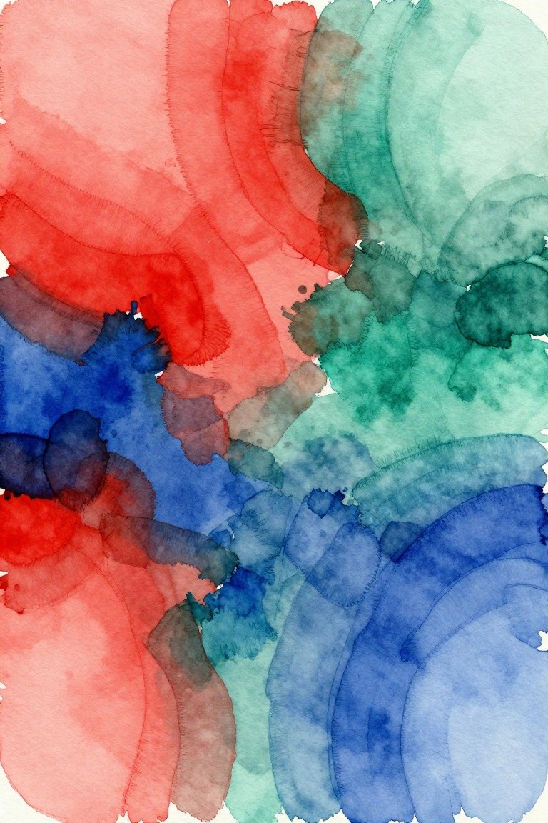 Abstract watercolor with flowing red, blue, green, and teal organic shapes