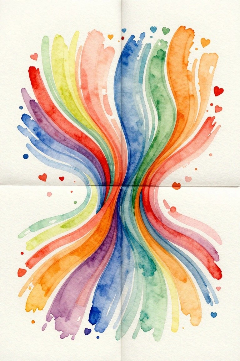 Vibrant watercolor rainbow swirls with scattered hearts and dots on paper
