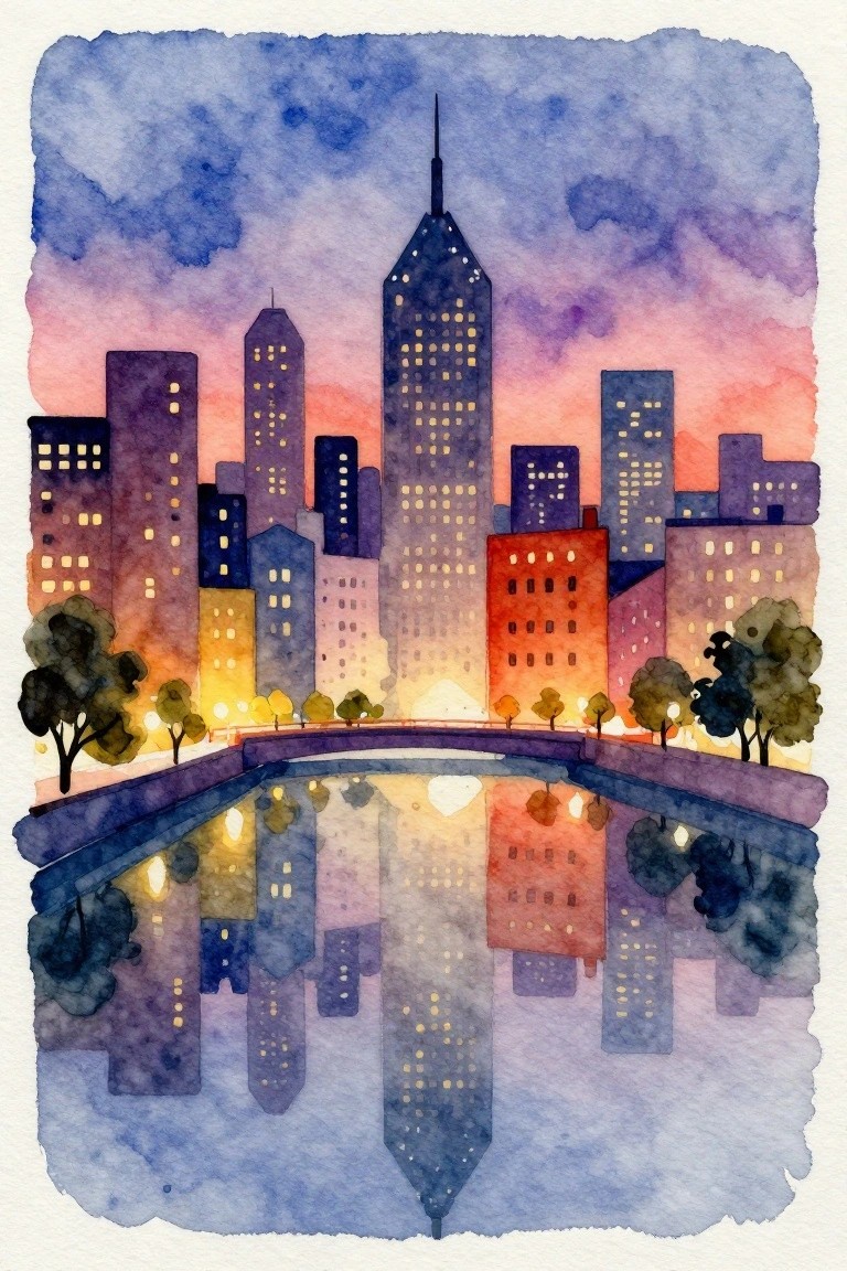 Watercolor cityscape at dusk with glowing skyscrapers and reflections in water.