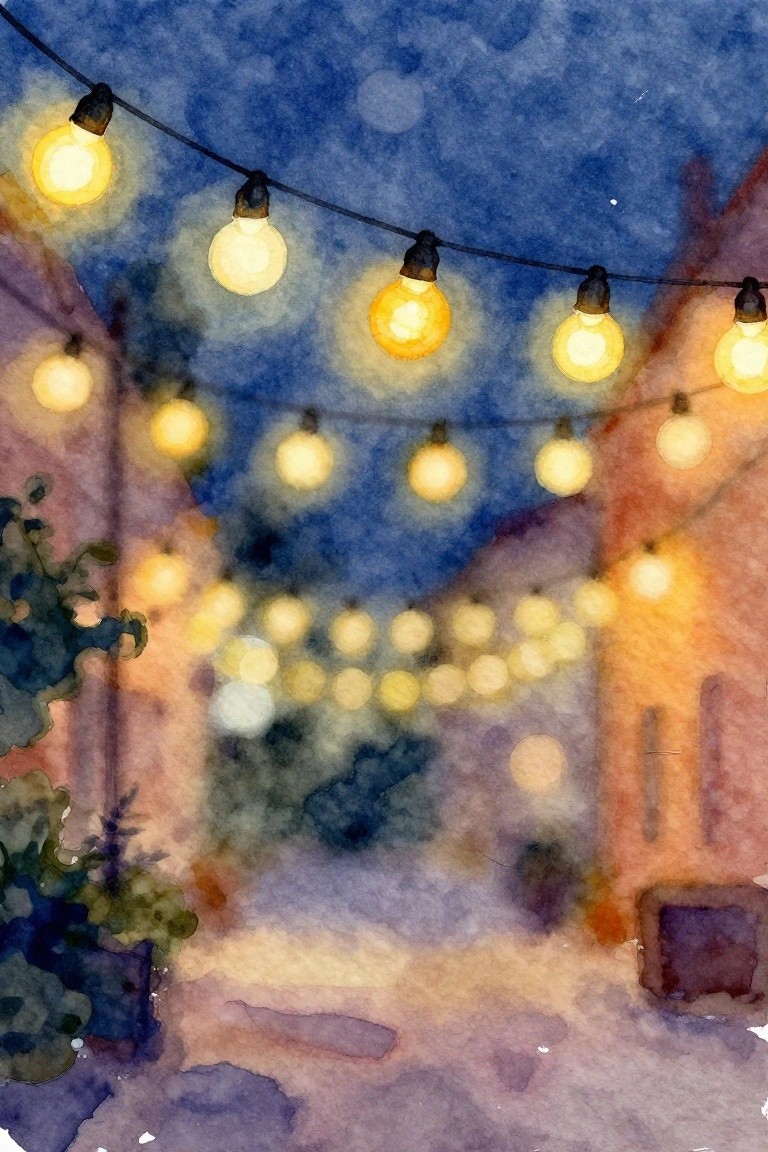 Watercolor of glowing string lights strung between buildings under a blue night sky.