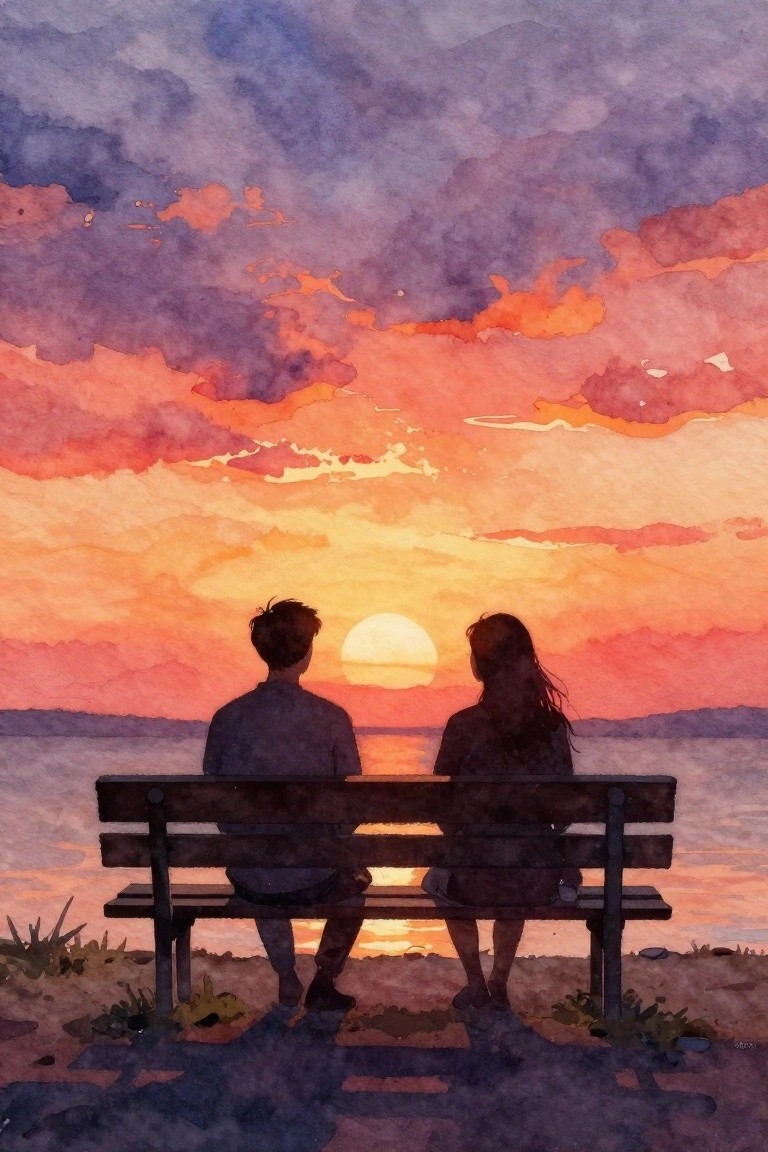 Watercolor of silhouetted couple on bench viewing purple-orange sunset over water