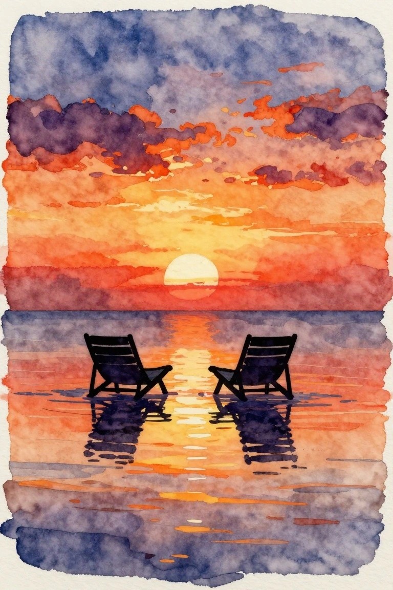 Watercolor sunset with two silhouetted beach chairs reflecting on calm orange water.