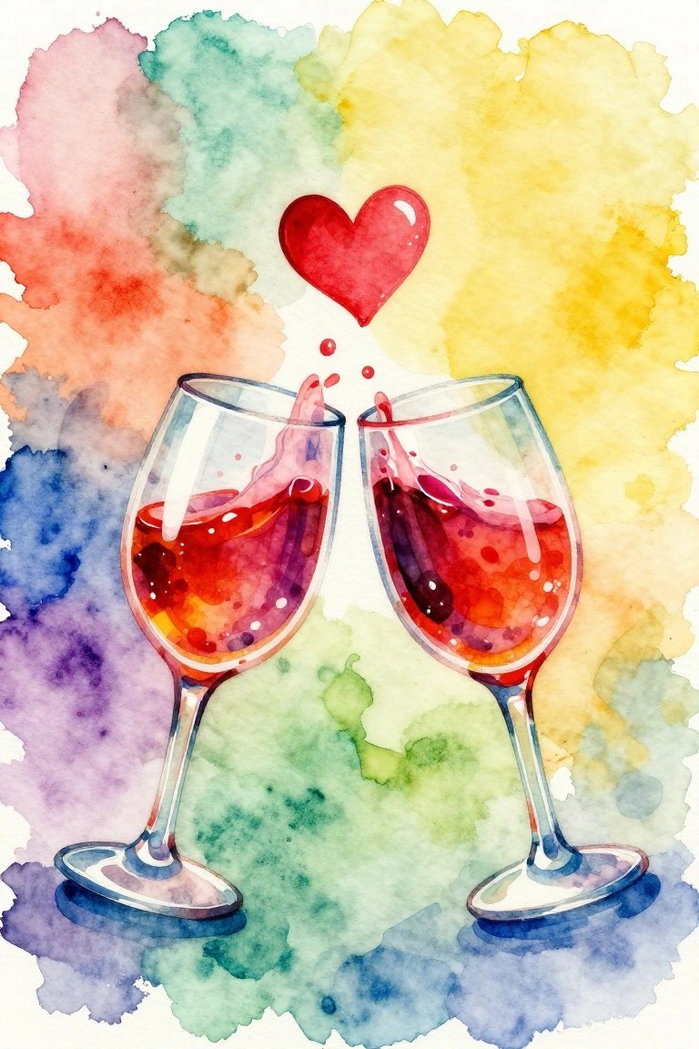Two wine glasses filled with red wine clink together under a red heart against a colorful watercolor background.