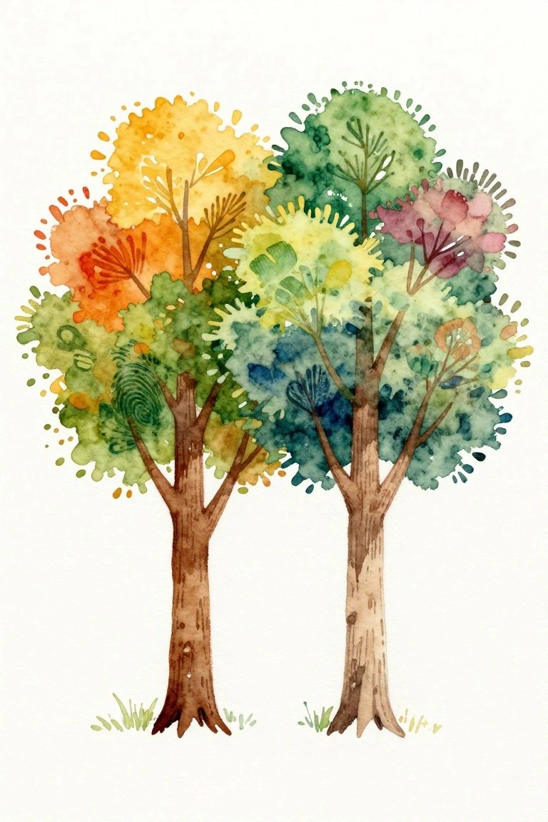 Two trees with brown trunks and colorful watercolor foliage in greens, yellows, oranges, and blues on a white background.