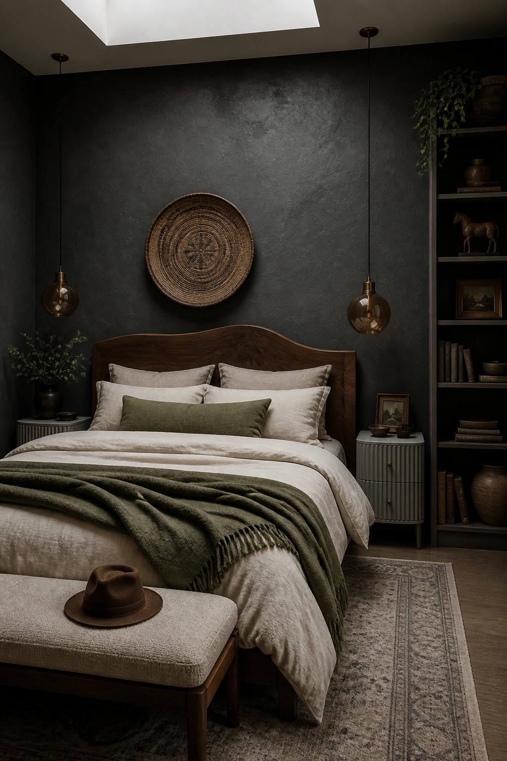 A bedroom featuring deep charcoal gray walls behind a wooden bed.