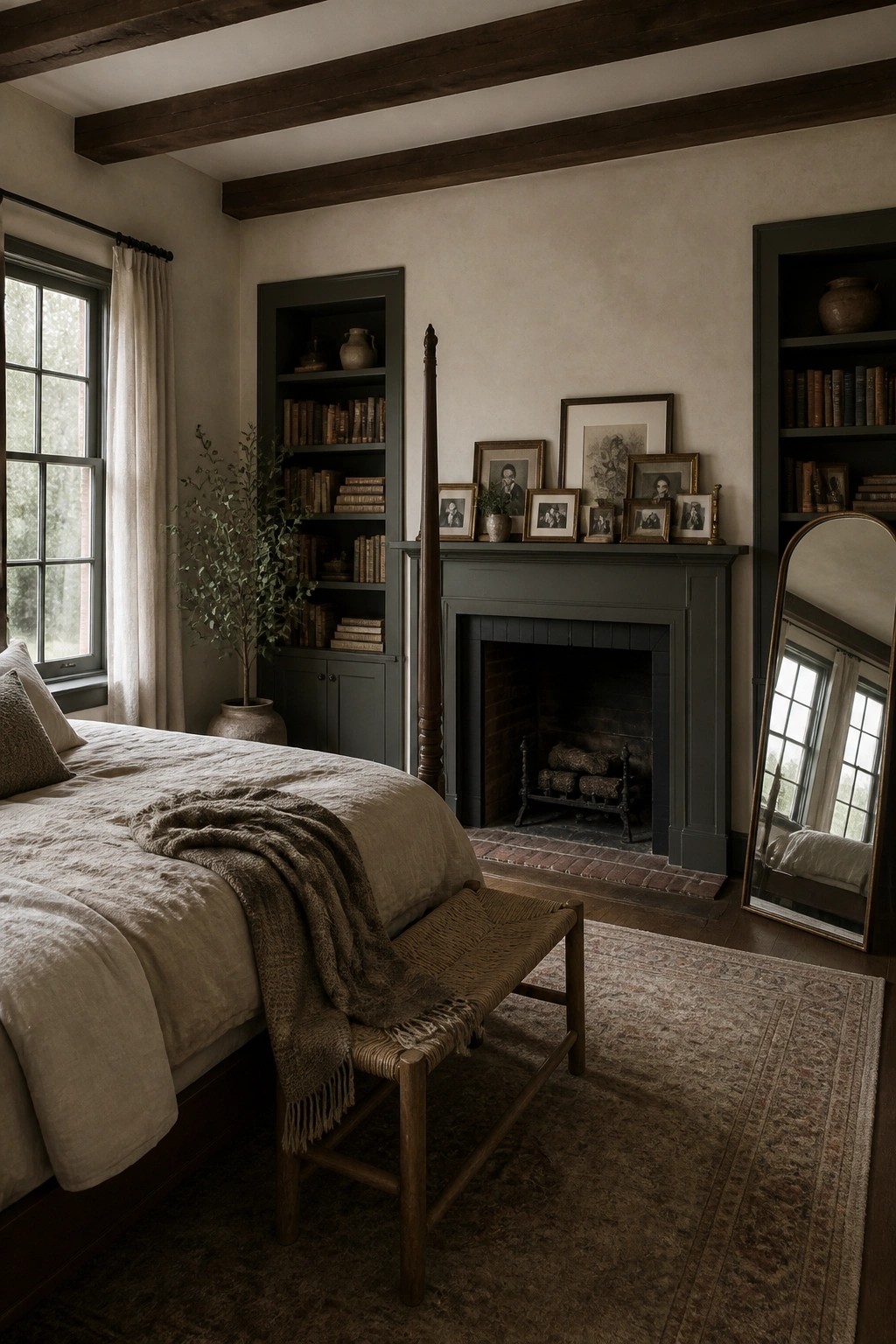 A bedroom with deep olive gray walls, built-in shelving, and a matching fireplace mantel.