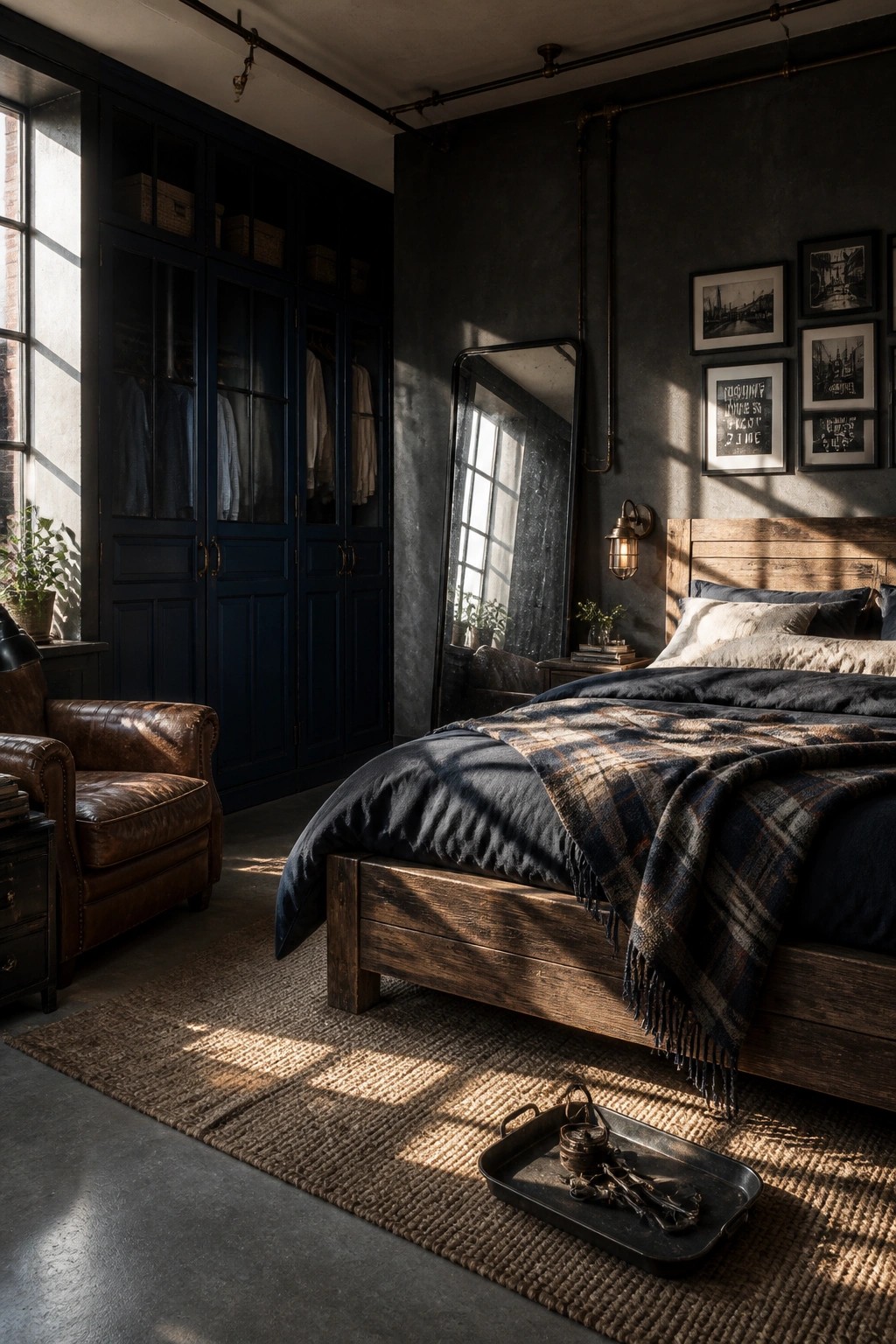 Dark charcoal walls in a moody bedroom with wood furniture and a large mirror.