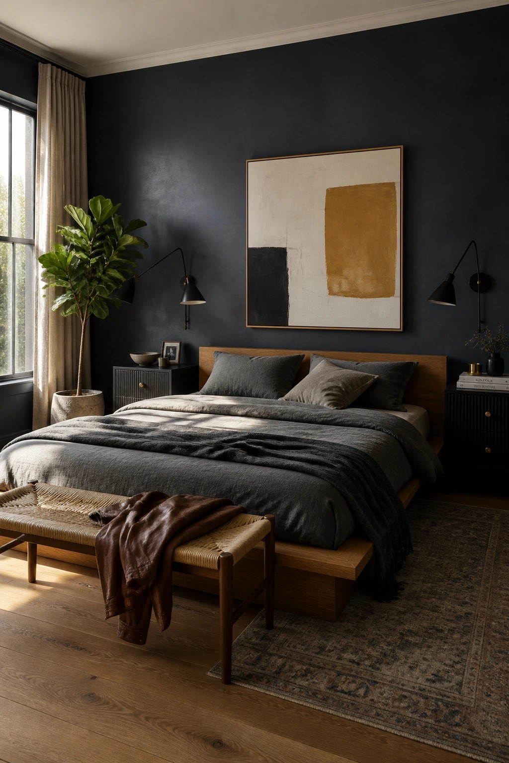 Bedroom walls painted a deep charcoal gray with a wooden bed frame.