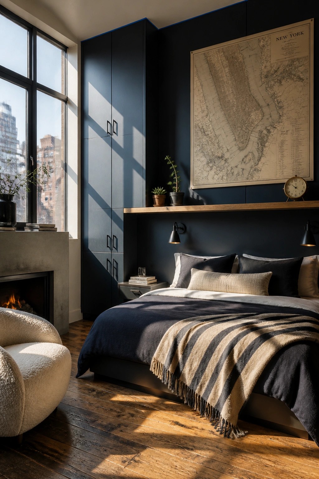 A bedroom featuring deep navy walls with built-in cabinetry and a large window.