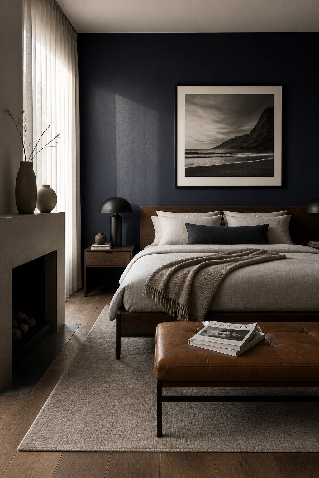 A bedroom with deep navy walls and a wooden bed frame.