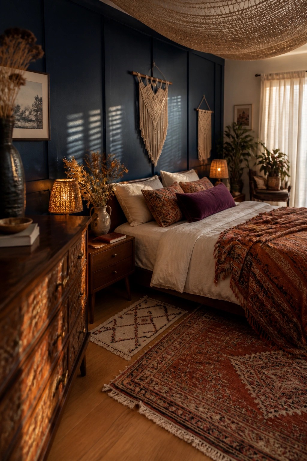 A bedroom with deep navy walls and a wooden bed frame.