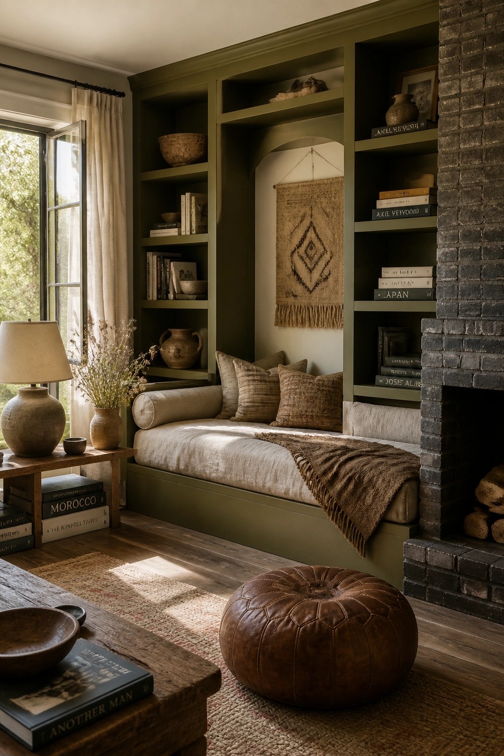 Built-in shelving and daybed painted in deep olive green beside a brick fireplace.