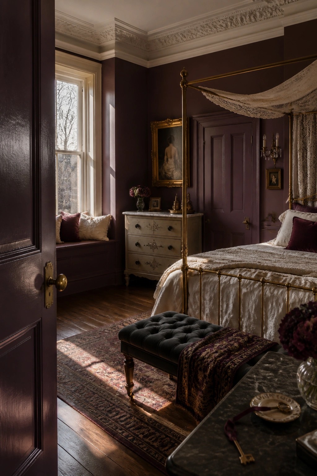 A bedroom with deep plum walls and brass bed frame.