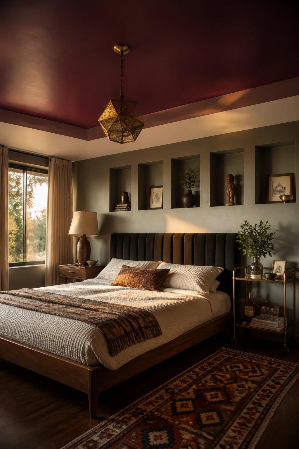 A bedroom with deep plum paint on the ceiling and soft green walls.
