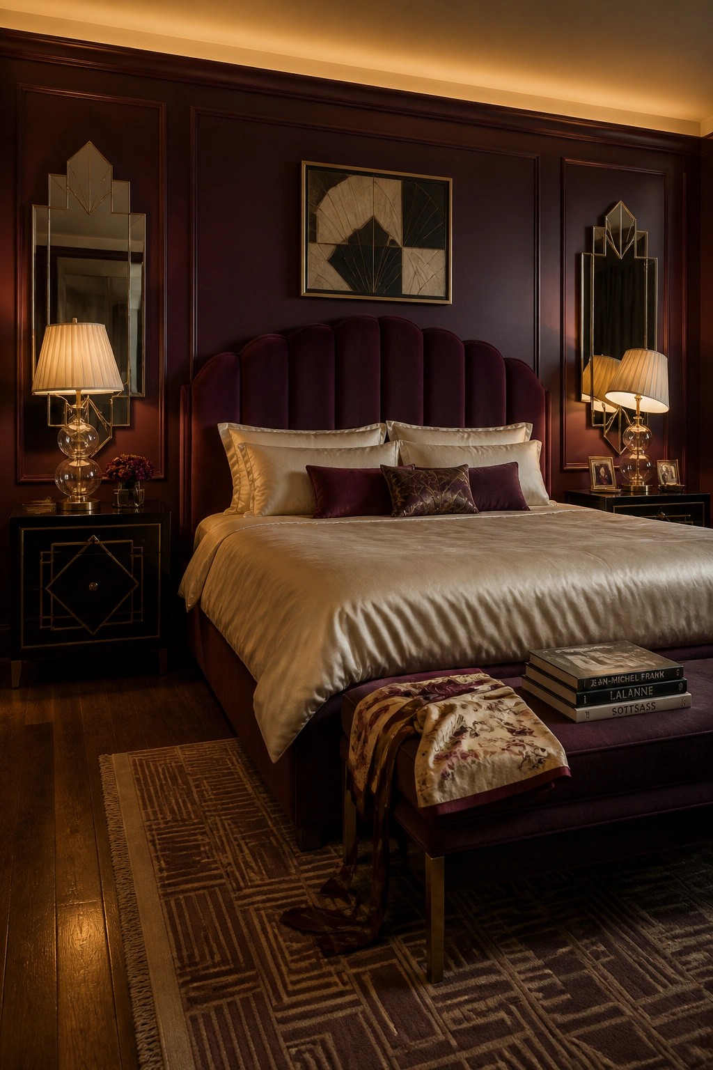 Luxurious purple bedroom with velvet bed, silk linens, crystal lamps, and patterned rug.