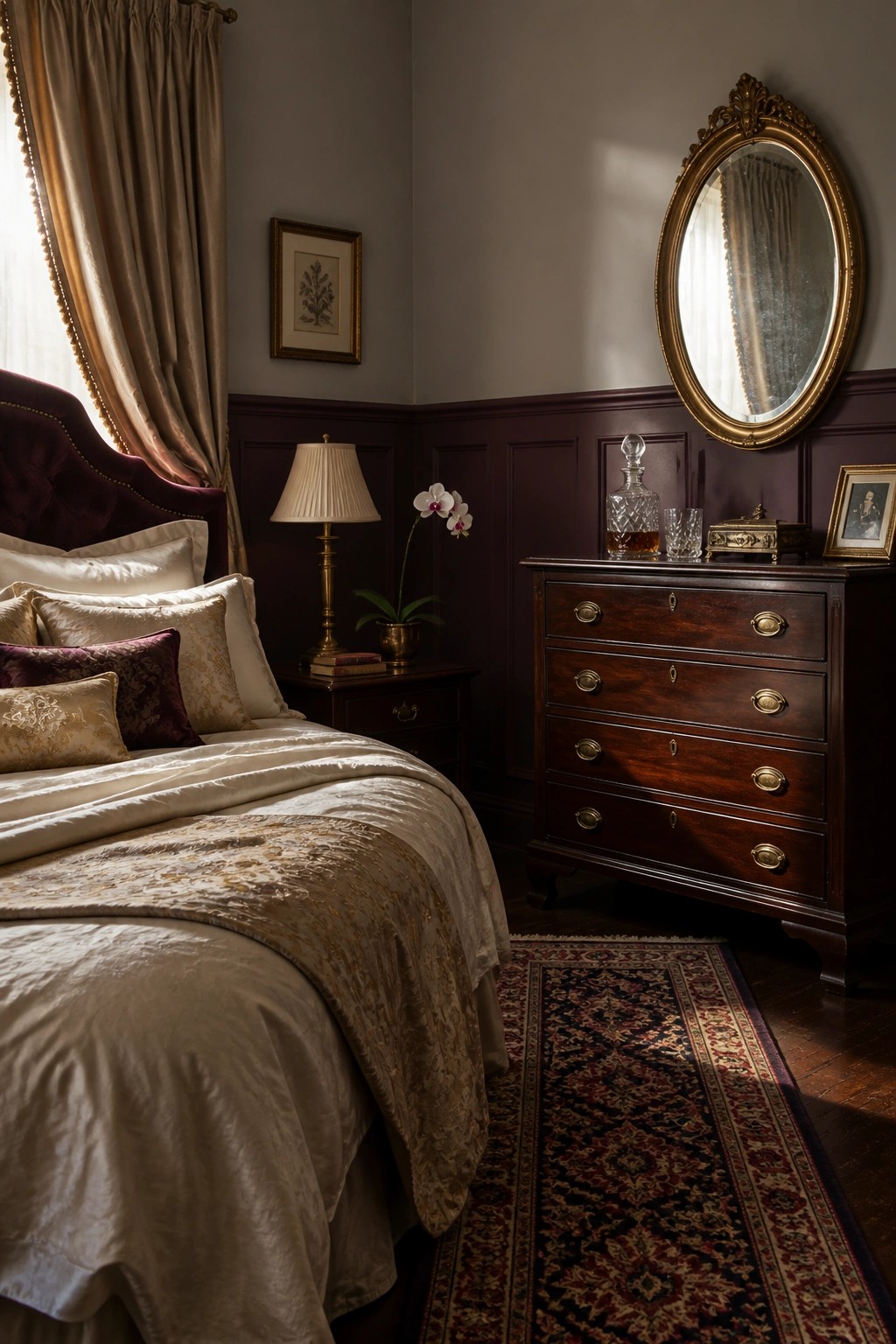 A bedroom with deep plum walls and dark wood wainscoting.