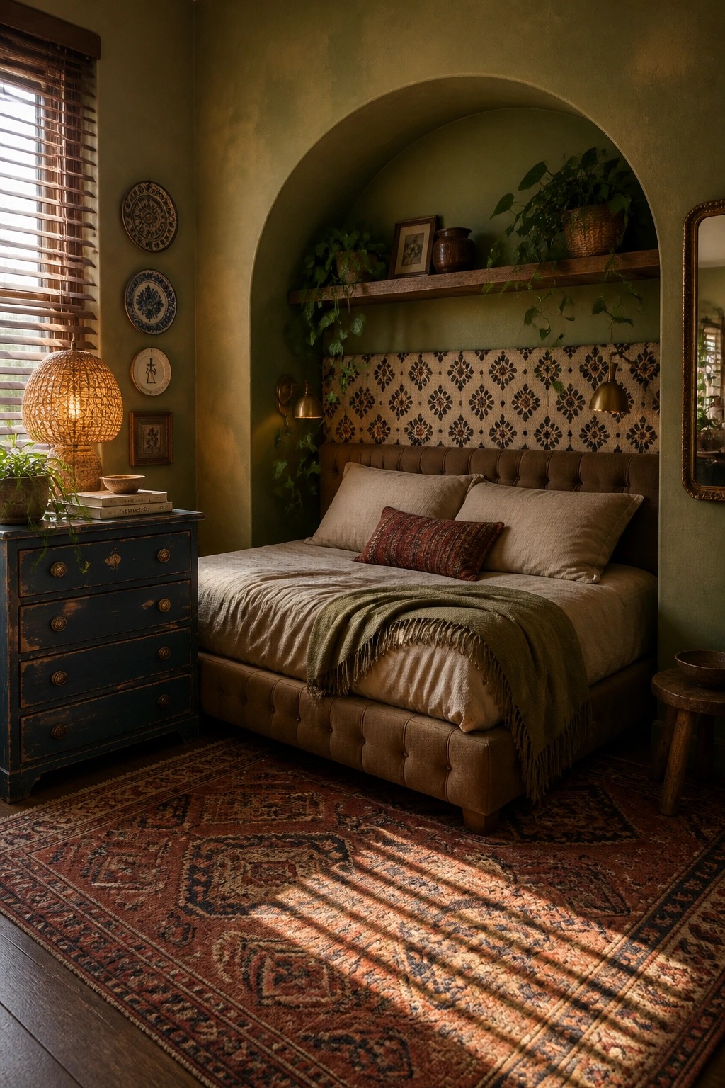Olive green walls in a bedroom with an arched alcove above the bed.