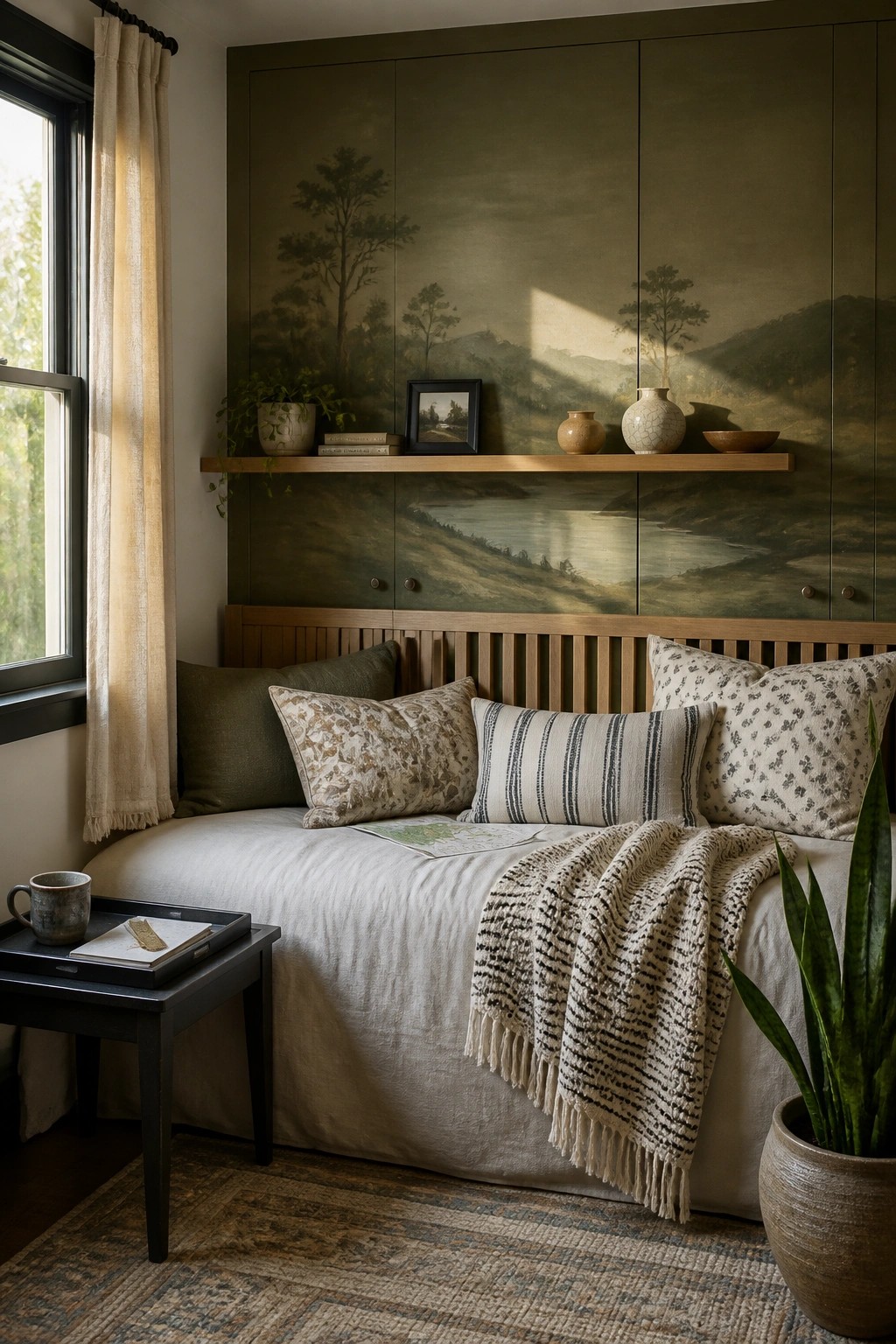 Cozy bedroom nook with daybed, green landscape mural, patterned pillows, and woven throw blanket