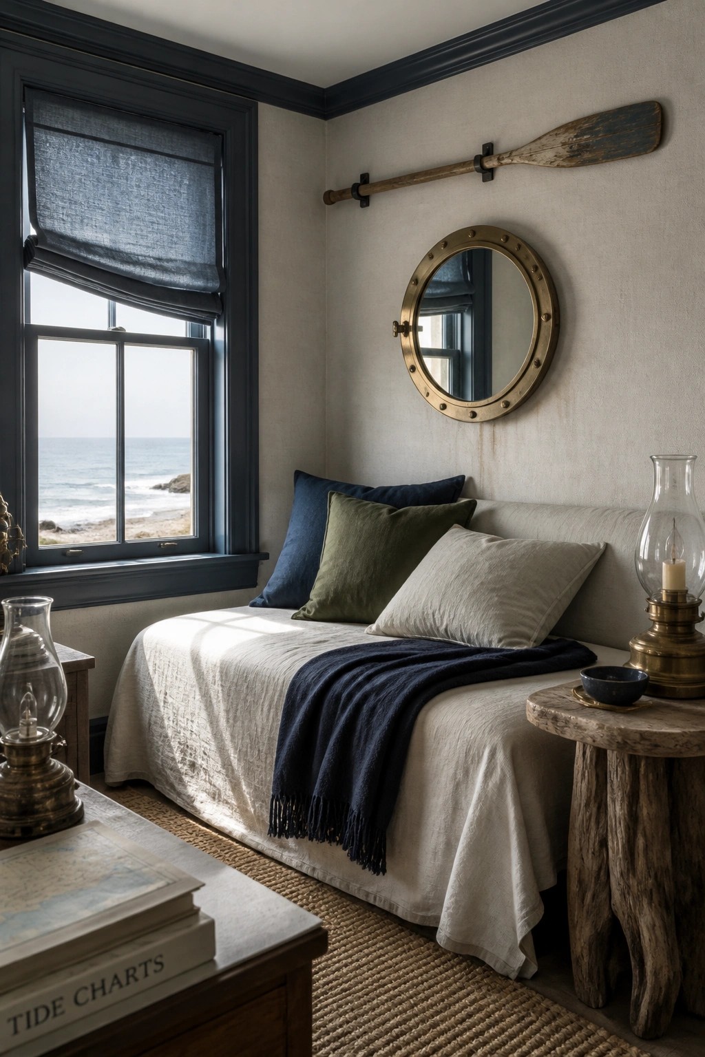 Bedroom walls painted in a soft warm greige with a round brass mirror mounted above the bed.