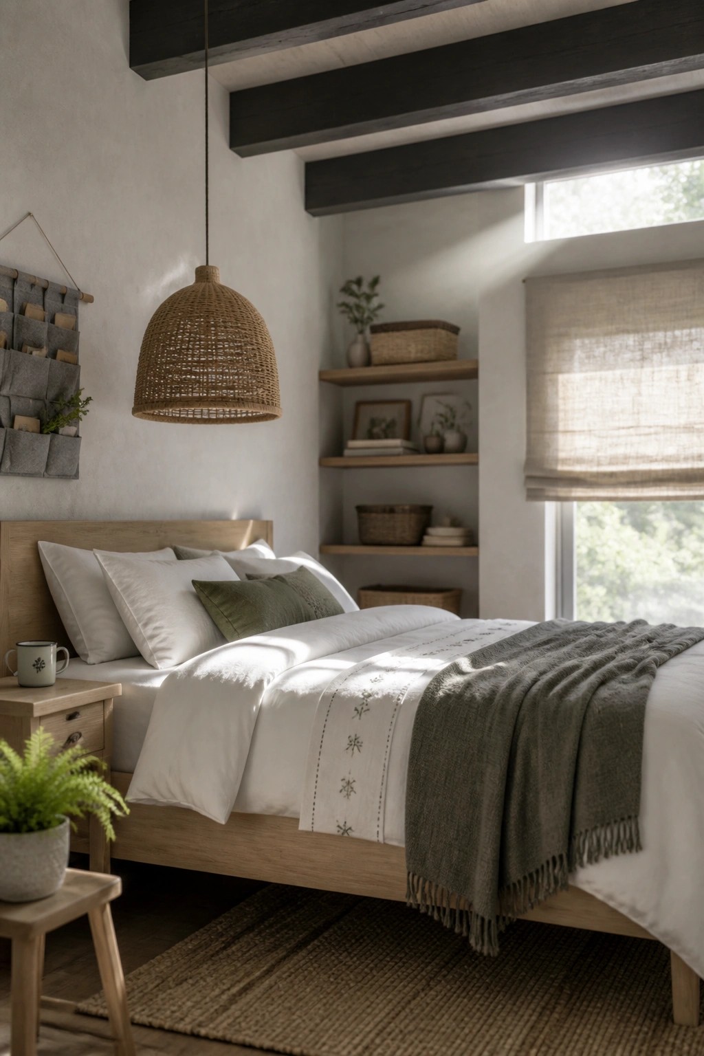 A bedroom with warm off-white walls and a wooden bed.
