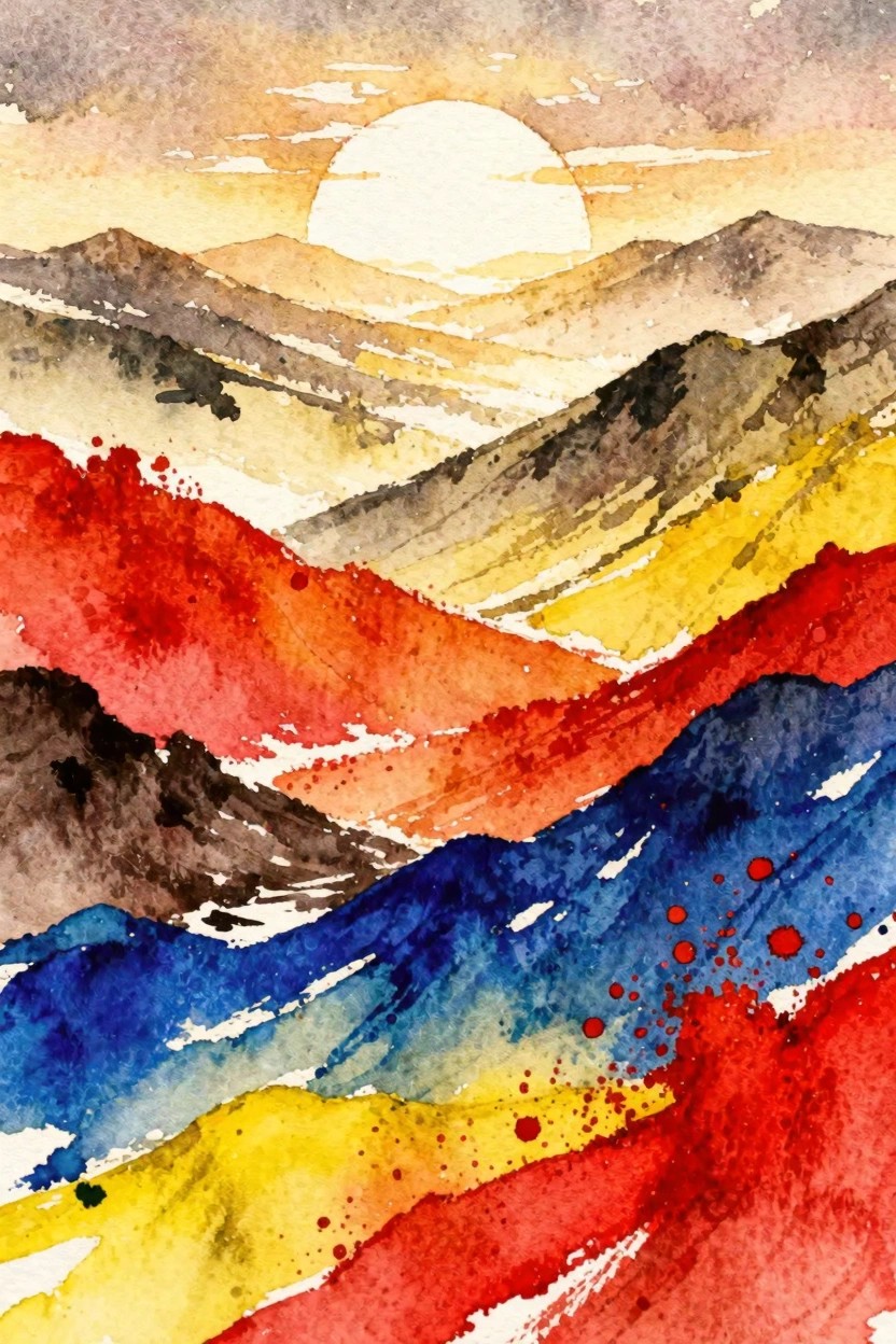 Vibrant watercolor mountains in red, blue, and yellow beneath a glowing sun.